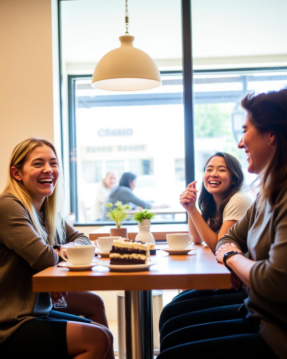 Guests laughing over coffee and cake